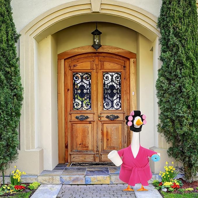 Shyyween Lady Porch Goose Outfits for 23'' Cement Plastic Geese Statue Clothes Hot Pink Bathrobe Curlers Coffee Cup for Outdoor Garden Lawn Yard Patio Decoration