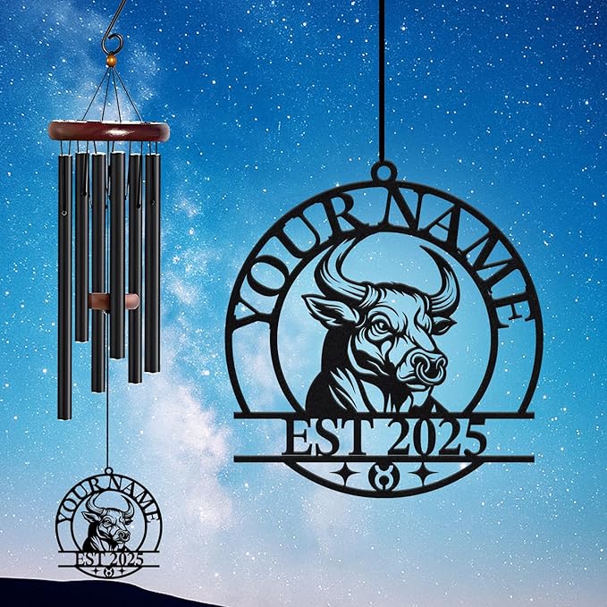 Personalized Customize Name 12 Zodiac Signs Wind Chime, Metal Iron 37 Inch Outdoor Memorial Gift for Garden Yard Patio Home Decor, Black (Taurus)