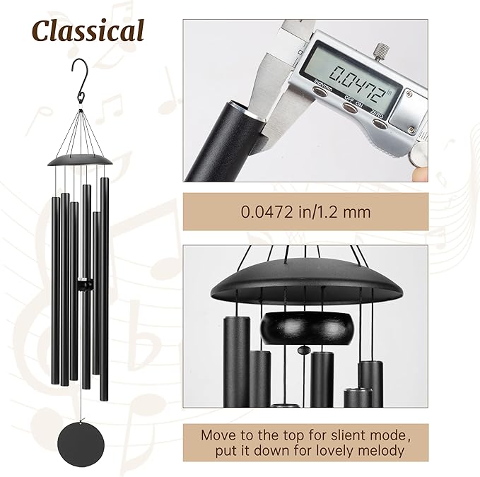 Large Aluminium Wind Chimes 38" with Classic Sound, Coolest Metal Windchimes Outdoors with Pine Wood Striker, Unique Gift for Mom, Garden Decoration(38" Black)