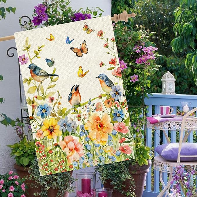 Baccessor Spring Floral Birds House Flag Double Sided 28x40 Inch Burlap,Flower Butterflies Large Garden Flag Porch Patio Front Entry Yard Seasonal Farmhouse Outside Outdoor Decor
