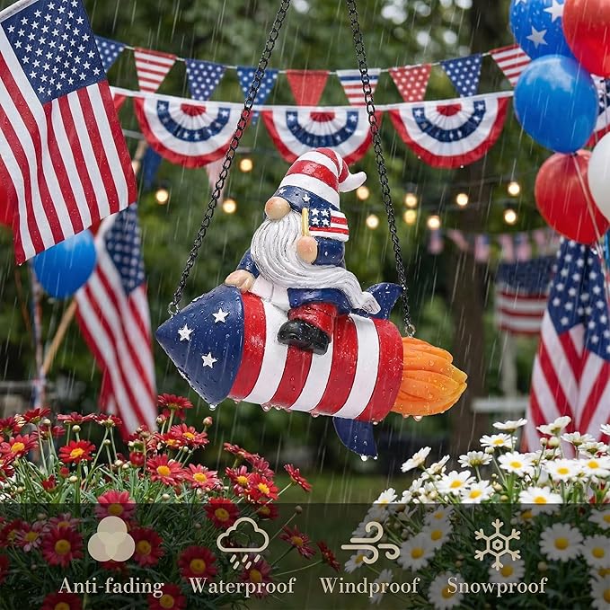 TERESA'S COLLECTIONS 4th of July Gnome Rocket Decorations, Memorial Day Hanging Ornament for Home, USA 250th Anniversary Patriotic Resin Independence Day Gift for Women, Indoor Outdoor Wall Decor 8"