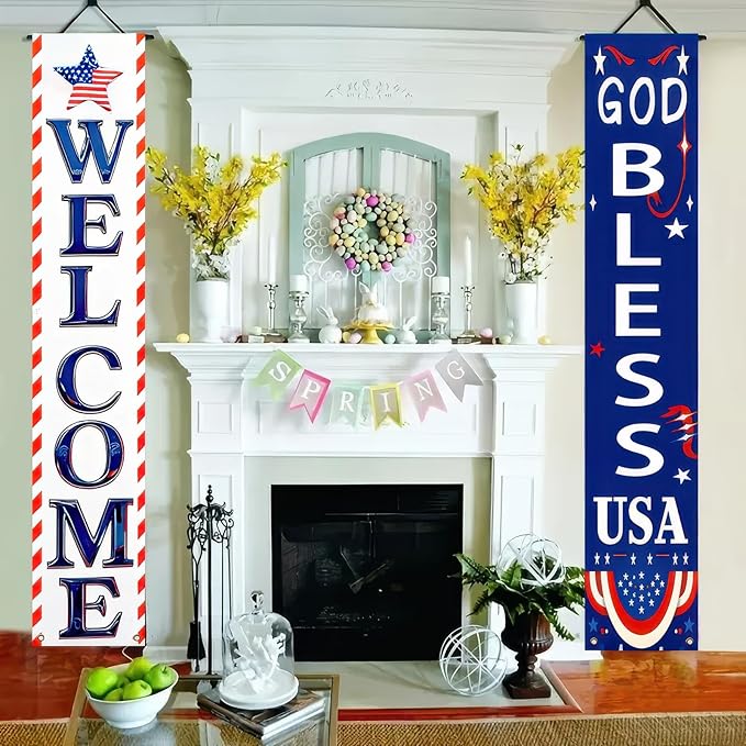 BlissYard 2Pcs Welcome Patriotic Door Banner 4th of July Decorations American Banners Hanging Porch Signs Decor for Independence Memorial Day Veterans Labor Day for Yard Indoor Outdoor Supplies