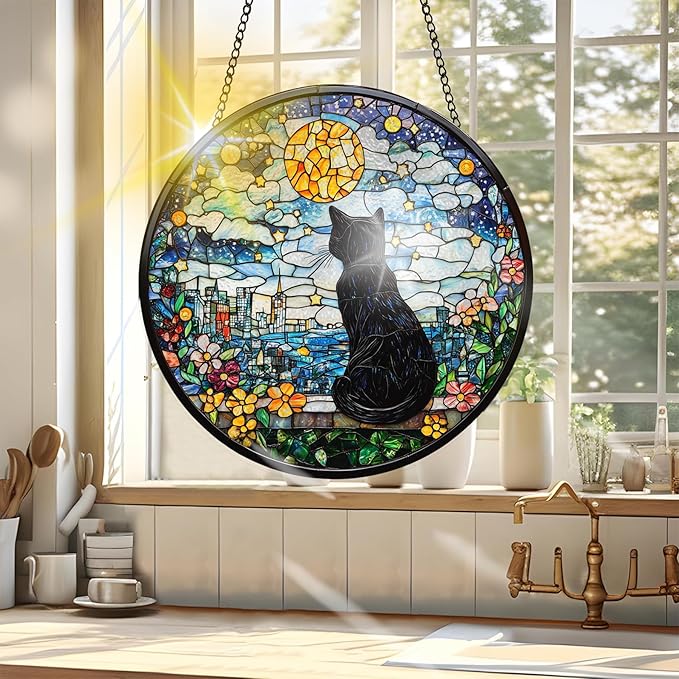 VAIIEYO Black Cat Sun Catcher Stained Glass Window Hanging Ornament, Handmade Sun Catcher Animal Decoration with Hooks for Window Garden Home, Christmas & Birthday Housewarming Gift (7.8 inch)