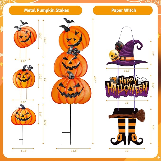 Halloween Metal Pumpkin Yard Stakes, Stackable Pumpkin Signs Garden Stake with Witch Door Hanging, Outdoor Halloween Decorations for Lawn Party (Set of 3, Style B)