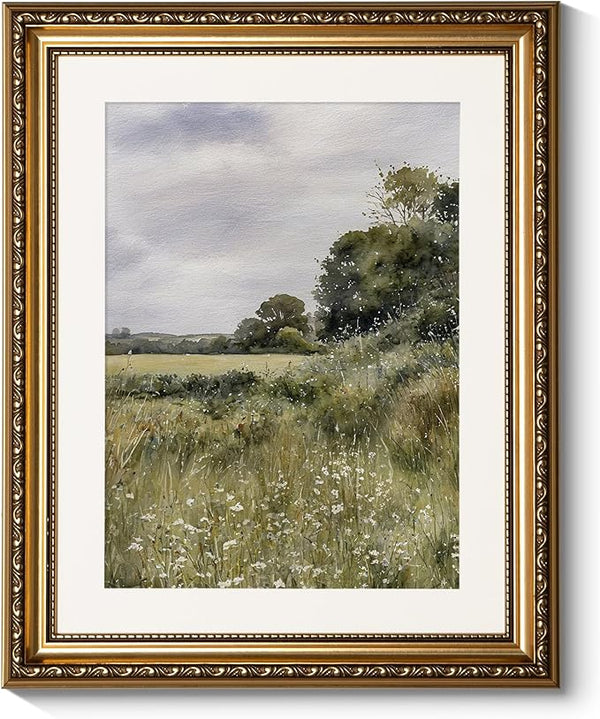 ARPEOTCY Vintage Gold Framed Wall Art, 13x16 inch Farmhouse Meadow Landscape Country Paintings Home Decor, Moody Rustic Victorian Wall Decor for Living Room, Canvas Prints Antique Pictures Frame