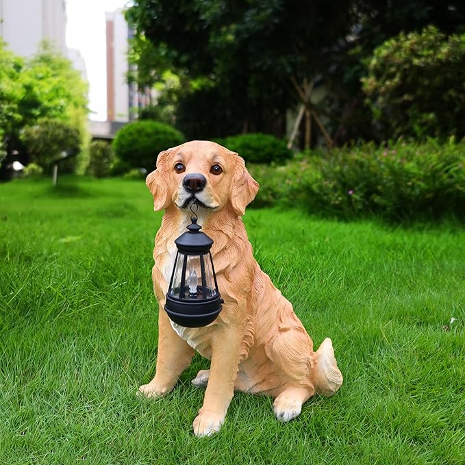 Outdoor Golden Retriever Dog Statue with Interchangeable Welcome Sign Detachable Garden Dog Sculpture Décor Garden Statue Outdoor Dog Statue Solar Lights Statue Outdoor Garden Decor