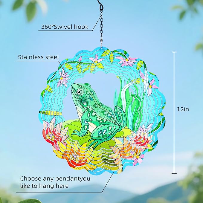 Frog Wind Spinners Outdoor Hanging 3D Frogs Wind Sculpture Outdoor for Silhouette Decoration Gifts,12 Inch Stainless Steel Wind Spinner for Yard, Porch,Balcony,Home,Patio,Spring Garden Decor