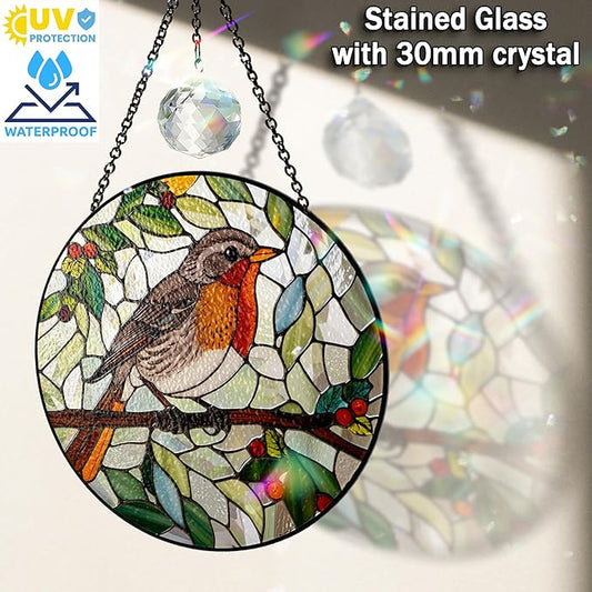 7.8" Robin Bird Stained Glass Suncatcher, Robin Birds Suncatcher Window Hanging, Birds Gifts Decor for Home Garden Housewarming, Morthers Day Bird Lover Gifts for Mom, Grandma, Women, Friend