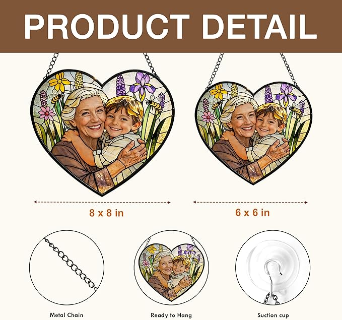 Personalized Grandma Photo Stained Glass Sun Catcher, Customized Family Suncatcher Window Hanging Ornament, Custom Picture Mother's Day Mom Mother in Law, Garden Birthday
