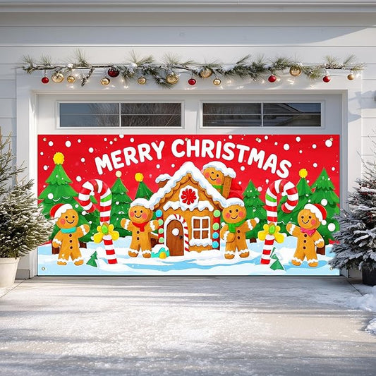 IVN Christmas Garage door banner Gingerbread House Candy Cane Characters Snowy Trees Door Cover Indoor And Outdoor Studio Background Hanging Decoration 13x6ft