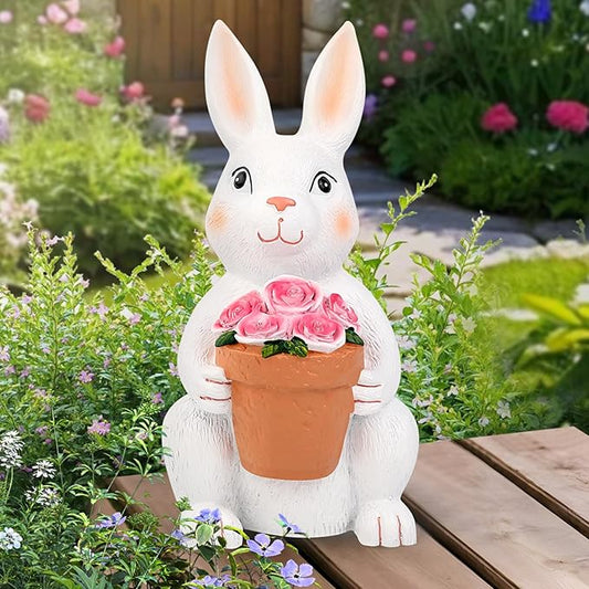 Brightever Solar Powered Outdoor Garden Statues- Rabbit with Flowers and 5 Colorful LED Lights, 11.8IN Outdoor Figurine Lights, Solar Garden Bunny Statue for Mom, Women, Female