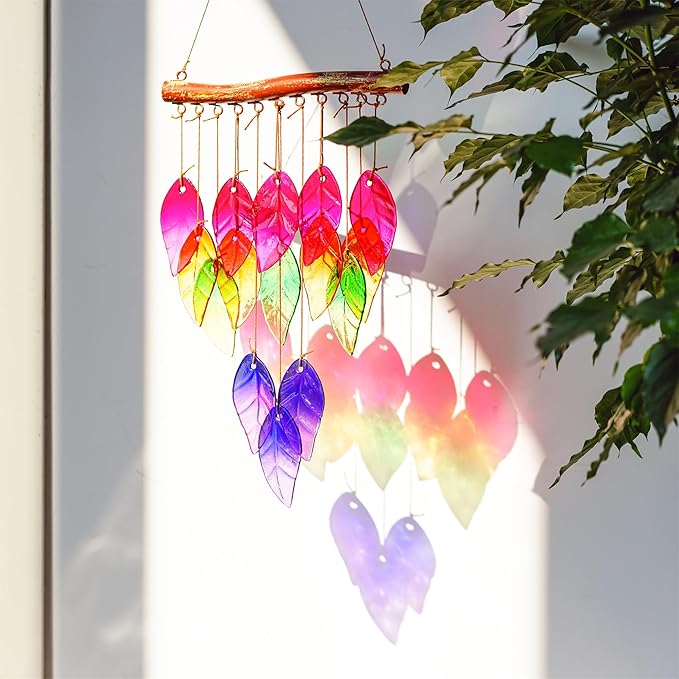 Glass Wind Chimes Suncatcher for Outside,23" Colorful Glass Leaf Wind Chimes Outdoor,Crystal Hanging Wind Chime for Home,Garden,Patio and Yard Decor