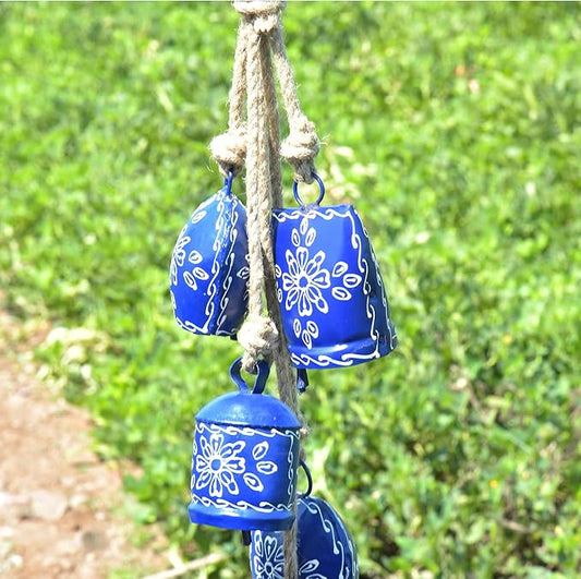 Hand-Painted Christmas Bell Wind Chime 25”– 5 Hanging Metal Witch Cow Bells Floral Design – Outdoor & Indoor Rustic Decor for Garden, Patio, Porch, Balcony, Entryway, Farmhouse,Gift (Sky Blue)