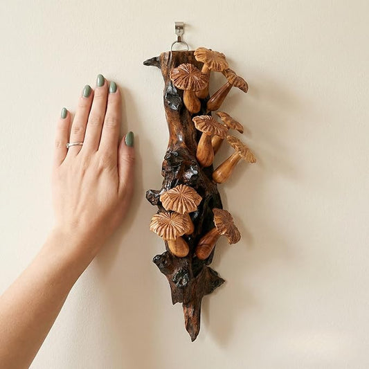 Curawood Wall Hanging Mushroom Decor - 11.8" x 5.9" Wooden Mushroom Wall Art - Handmade in Indonesia, Authentic Artisan Carving - Natural Toadstool Sculpture, Rustic Cottagecore Decorations for Home