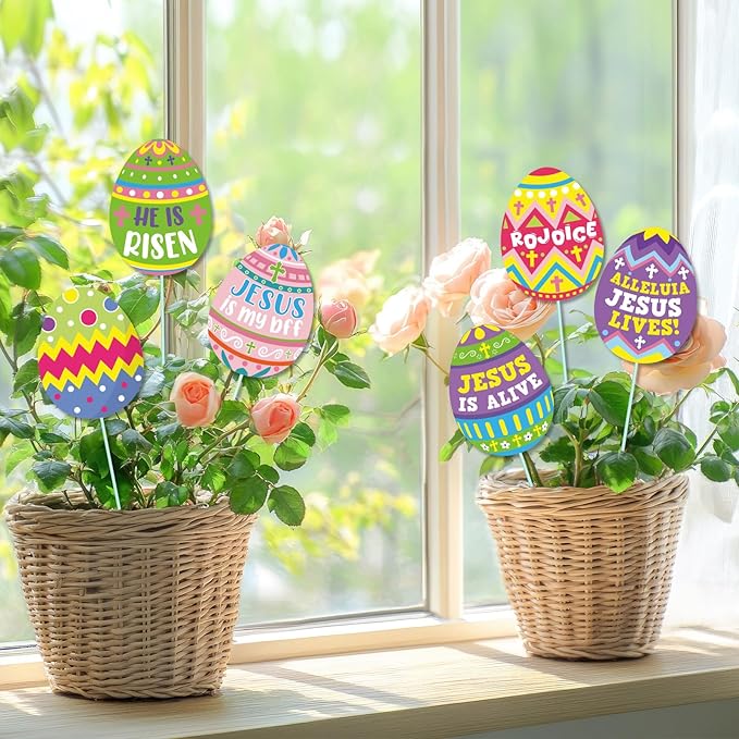 Cinrobiye 12Pcs Easter Planter Stakes Flower Pot Signs 5.9Inches Bunny Chick Jesus Egg Garden Stake Outdoor Lawn for Easter Party Patio Yard Outside Greetings Home Farmhouse Decor