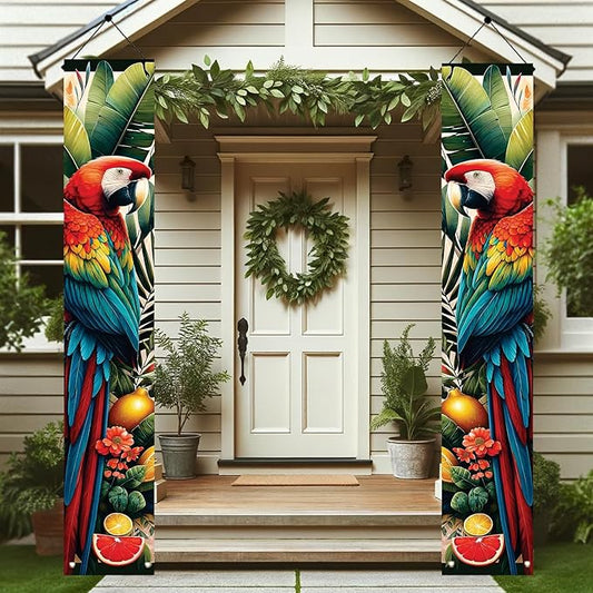 Summer Luau Tropical Parrot Porch Banners 71x12 Inch Party Decorations Colorful Macaw Hanging Door Signs Jungle Leaves Outdoor Patio Welcome Banner for Home Decor
