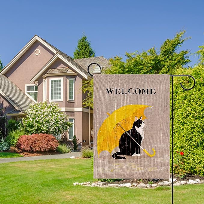 Dyrenson Welcome Spring Summer Tuxedo Cat Decorative Garden Flag, Pet Yellow Umbrella Yard Outside Home Decorations Cat Lover Gifts, Seasonal Burlap Outdoor Small Decor Double Sided 12 x 18