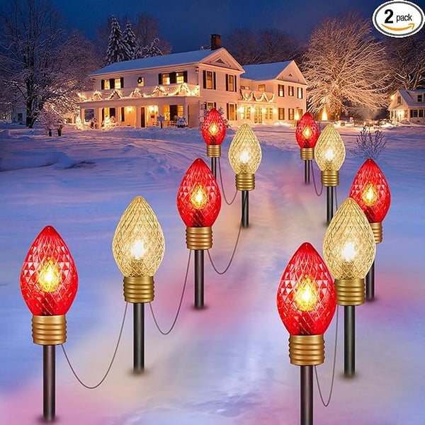 Moonflor Strawberry Jumbo C9 Christmas Lights Outdoor - 2 Pack Total 17FT 10 LED Jumbo C9 Christmas Pathway Lights Outdoor, Christma Decoration for Outside Lawn, Red & Warm White