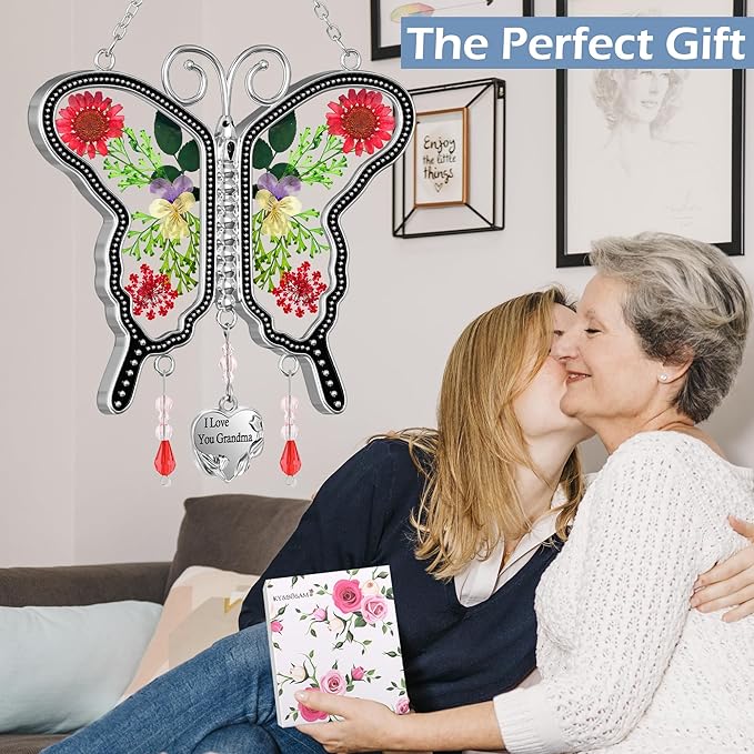 KY&BOSAM Suncatcher Butterfly Glass I Love You Grandma Suncatchers Ornament hangings for Windows Wind Chime with Pressed Flower Butterfly Embedded in Glass Mother`s Day Birthdays