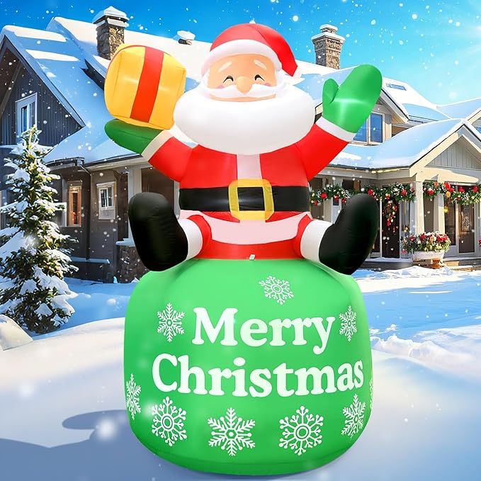 8FT Christmas Inflatable Santa 8FT Sitting Santa Claus Christmas Inflatables Outdoor Decorations Xmas Santa Blow Up Yard Decor with Built-in 5 LEDs for Yard Garden Lawn(with Storage Bag)