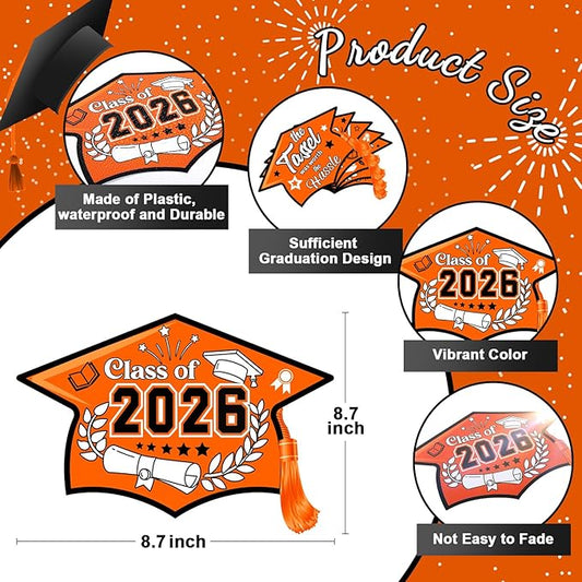 Chunful 12 Pack Graduation Yard Signs Grad Decoration 2026 Happy Graduate Lawn Garden Sign with Stake Congrats Outdoor Plastic Cap Hanging Ornament for Class Pathway Walkway Porch Party(Orange)
