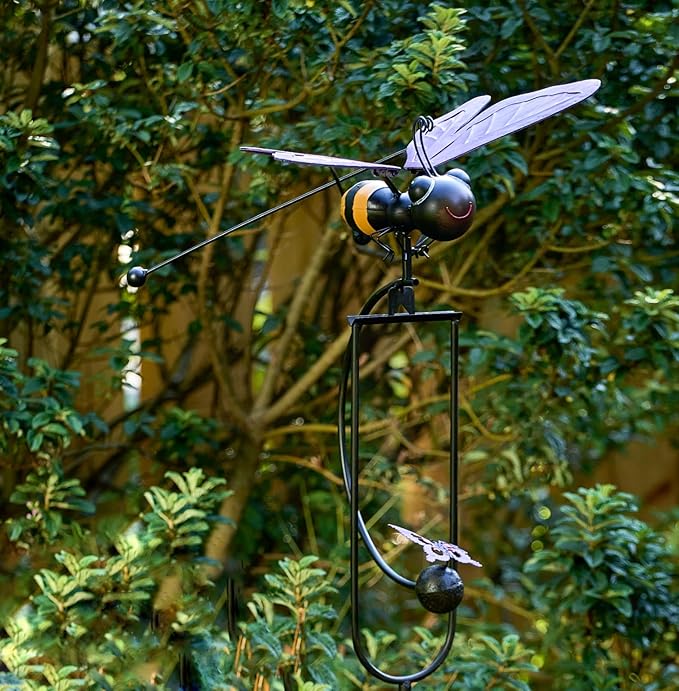 Red Carpet Studios Garden Art Small Bumblebee Balance Rocker Metal Garden Stake Yard Décor, 52.5” Tall, Purple Wings and Butterfly Cutout