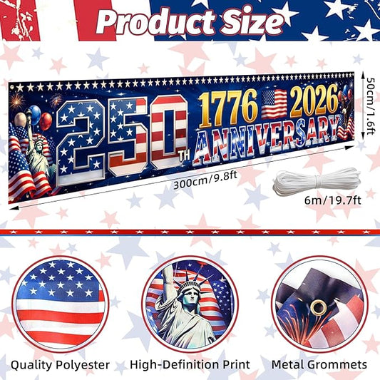 9.8 x 1.6 FT 250th Anniversary Banner, Red White Blue Stars Stripes Design for Independence Day, 1776-2026 250 Years Birthday, Patriotic Outdoor Yard Decor, Fence Banner Home Outside Decorations