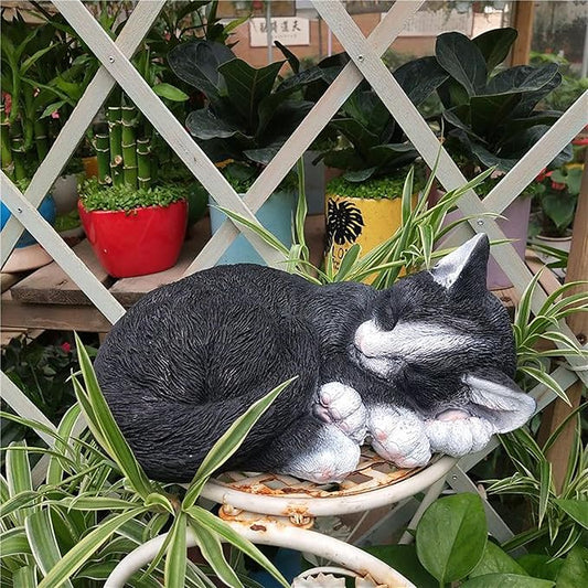 Realistic Cat Garden Outdoor Statue, Sleeping Kitten Figurines Sculpture Decoration for Patio, Yard, Porch Lawn Ornament, Office Home Art Décor Cat Memorial Stone (Black)