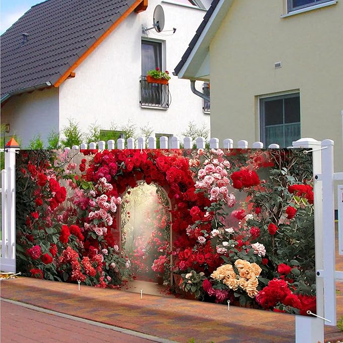 16x7ft Pink White Floral Arch Garage Door Banner - Blossom Tunnel Backdrop, Large Hanging 2 cars Garage Decorations - for Wedding & Baby Shower Welcome Background Sign, Spring Party Decor