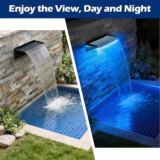 All-in-1 Pond Waterfall Kit | 850GPH Pond Filter Pump | 12-inch Stainless Steel Waterfall Spillway | Remote Control LED Lights | 4-Stage Filtration Outdoor Waterfall for Water Feature, Garden, Pool