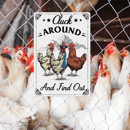 Putuo Decor Funny Chicken Sign Cluck Around And Find Out Metal Tin Sign Funny Wall Decor For Farmhouse Chicken Coop For Garden Decor Vintage Metal Tin Sign Plaque Outdoor Decor 12x8 Inch