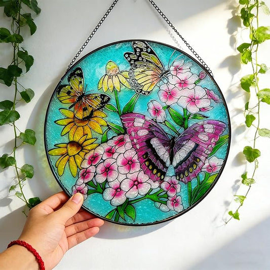 7.87" Sun Catchers Indoor Window,Butterfly Stained Glass Window Hanging, Window Suncatcher Hanging Ornaments Wall Art, Hand-Painted Glass Panel Home Decor (Butterfly A)
