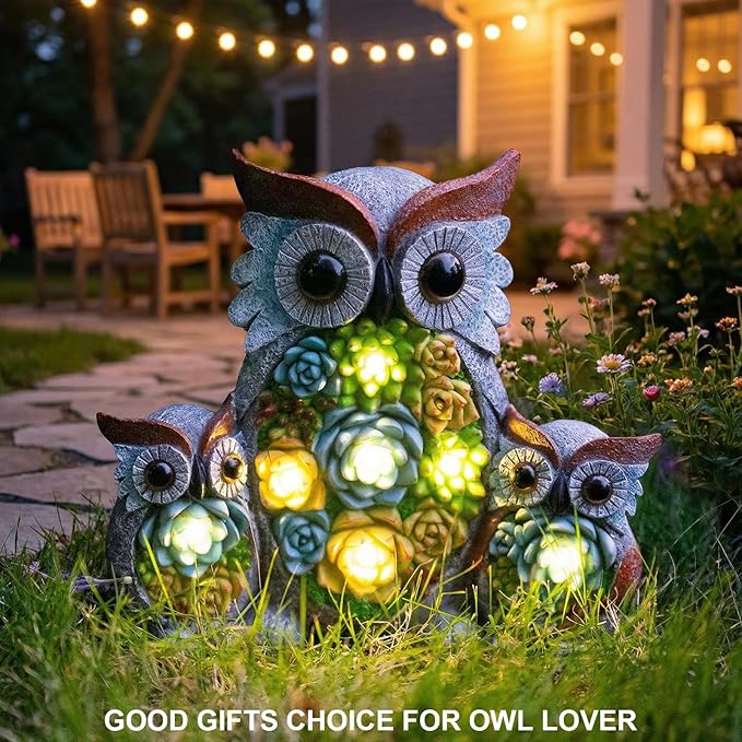 Candieslife Solar Garden Statue Owl Decor โ Cute Owl Family Figurines with LED Succulent Lights, Waterproof Outdoor Yard Art Ornaments for Patio, Lawn, Porch, Housewarming Gifts for Women Mom