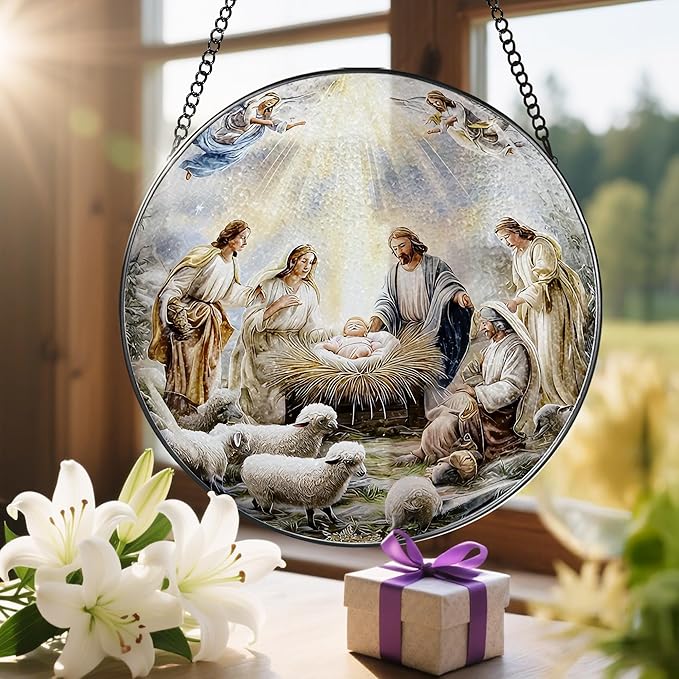 Stained Glass Suncatcher, Nativity Sun Catcher Ornament; Stained Glass Window Hanging, Christmas Ornament, Christian Home Decor; Gifts for Christmas, Christian Gift, Religious Gift