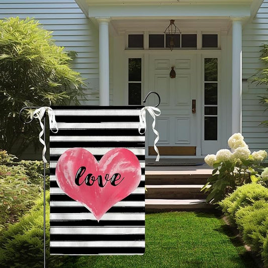 Love Heart Garden Flag Valentines Day Strips Yard Flag Outside Double Sided Anniversary Wedding Burlap Garden Flags Pink Love House Banner for Outdoor Valentine Decor 12x18 Inch