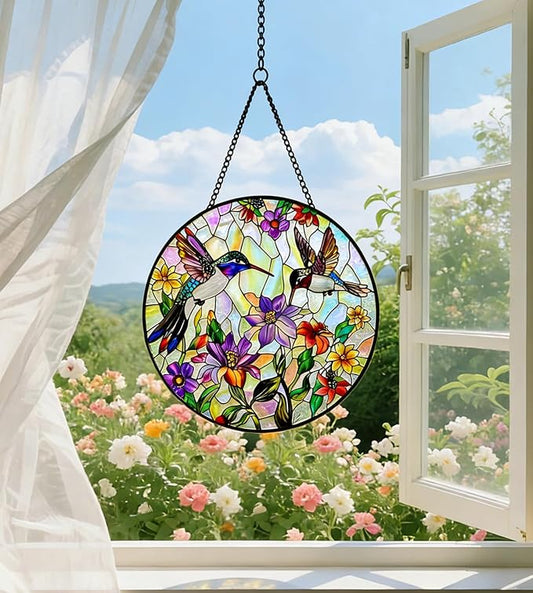 9.8In Hummingbird Stained Glass Window Hanging, Large Stained Glass Suncatcher for Indoor Home Decor, Vibrant Bird & Flower Window Suncatcher Ornament for Garden, Ideal Gift for Women Mom Bird Lovers