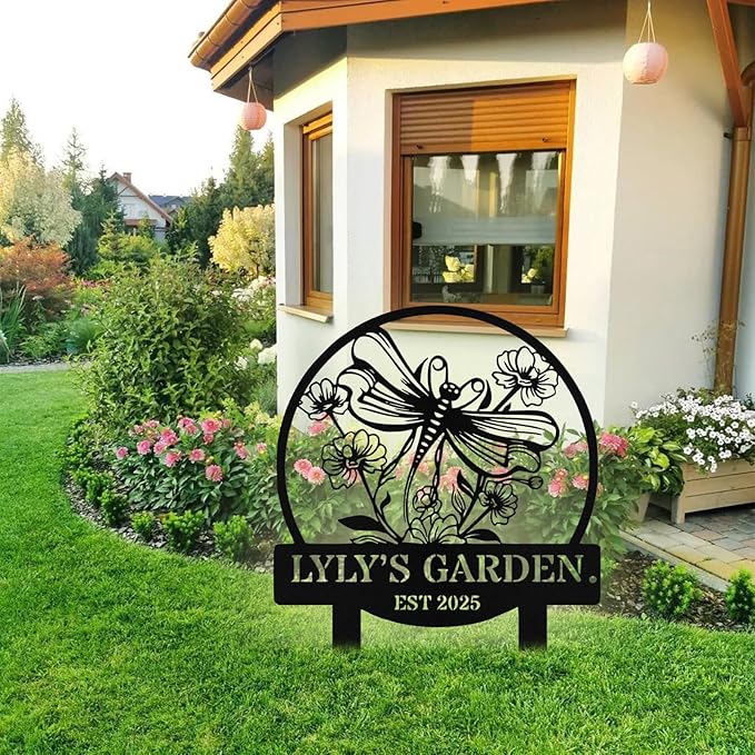 Personalized Metal Dragonfly Garden Signs with Stake, Custom Garden Signs for Outside Waterproof, Customized Name Sign Yard Lawn Gardens Decor Gardening Gifts for Moms Grandmas Gardeners