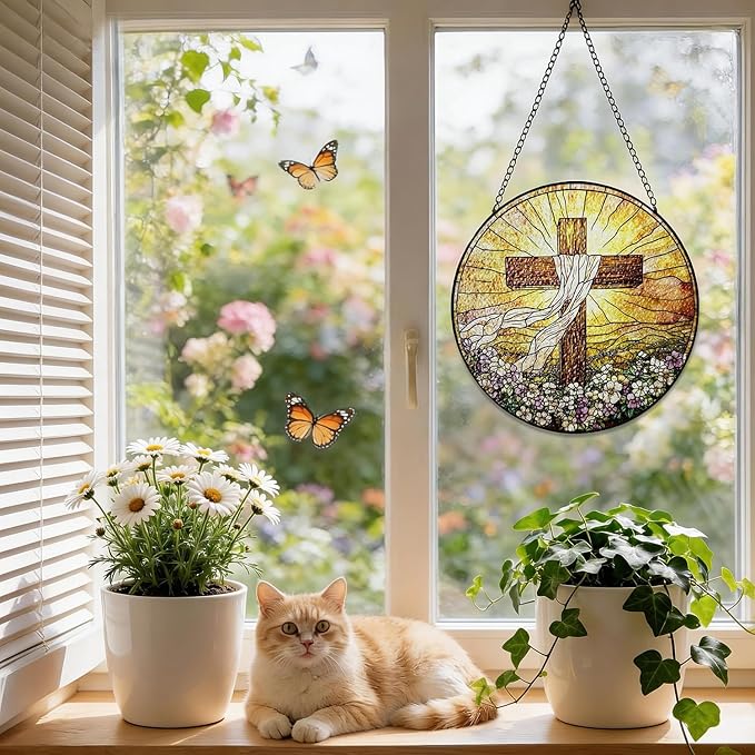 Stained Glass Cross Suncatcher Window Hanging, Christian Sun Catchers Indoor Window, Easter Suncatchers for Windows Hanging, Home Garden Decor Glass Panel, Religious Faith Christian Gift for Women Men