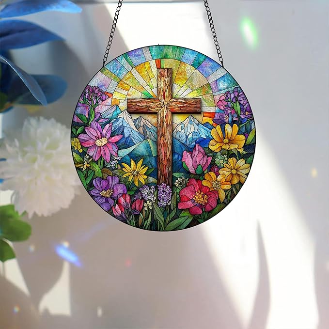 Bimkole Cross Stained Glass Suncatcher Window Hanging - Flowers Indoor Window or Doorway Decoration - Handmade Sun Catcher Decor for Garden Home Christmas & Birthday Gifts 7.87x7.87 Inch