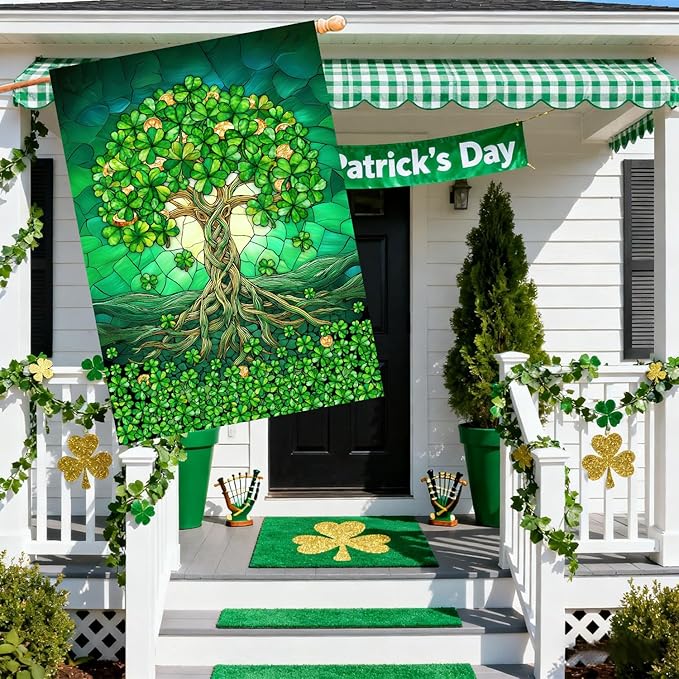 St Patricks Day House Flags 28 x 40 Double Sided Outside Shamrock Clover Tree Life Garden Decor Welcome Holiday Yard Signs for Saint Patrick Spring Outdoor Decorative