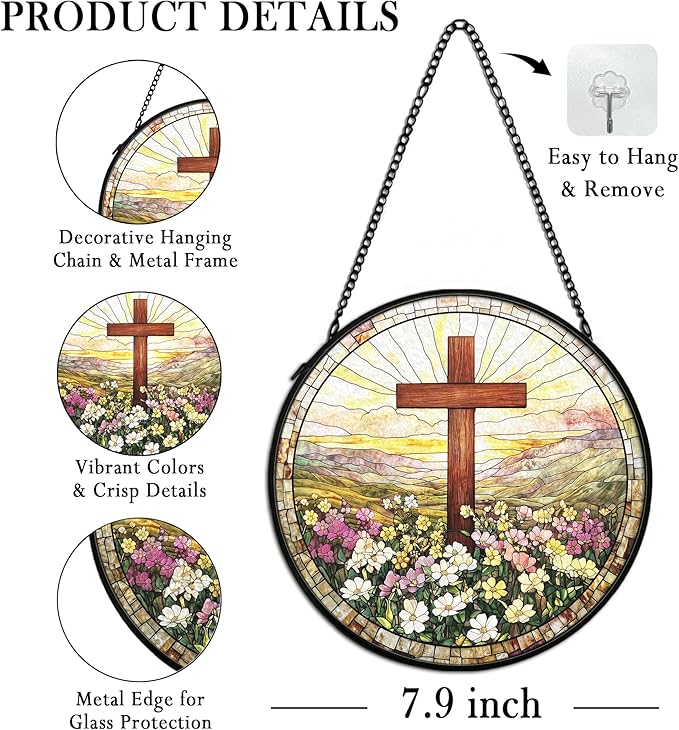 Christian Suncatcher Stained Glass Cross Window Hanging Wall Decor, Christmas Religious Gifts for Women, Easter Religious Baptism Floral Garden Lawn Sun Catchers for Window Hanging Art, 7.9x7.9