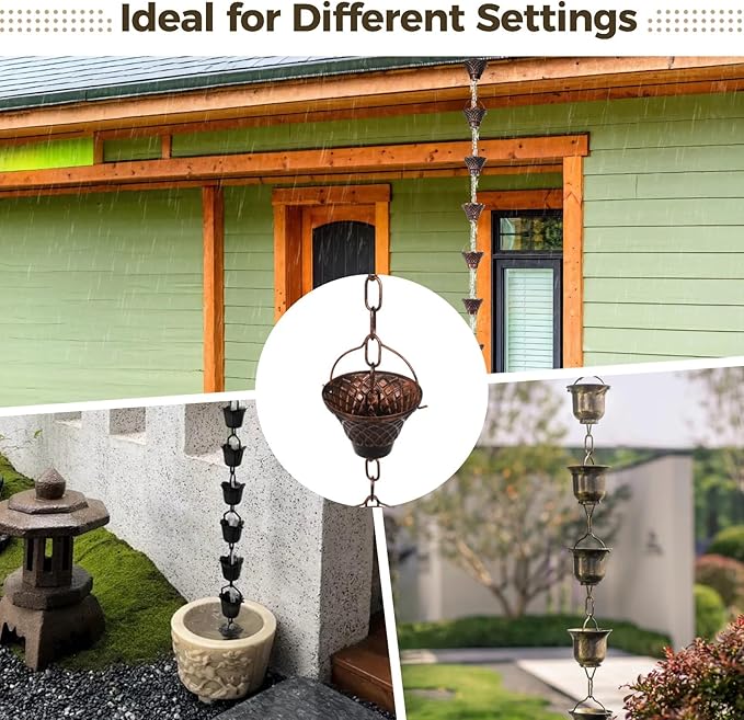 Copper Rain Chain, Decorative Gutter Downspout, 8.5 Ft with 12 Cups, Weather-Resistant Garden Water Diverter for Outside