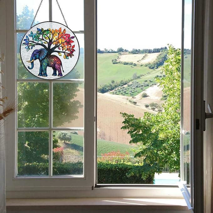 Elephant Tree Stained Glass Window Hanging Boho Animal Sun Catcher Decor Birthday Gifts for Women Christmas Elephant Suncatchers for Home Windows Hanging Decoration, 7.87inch