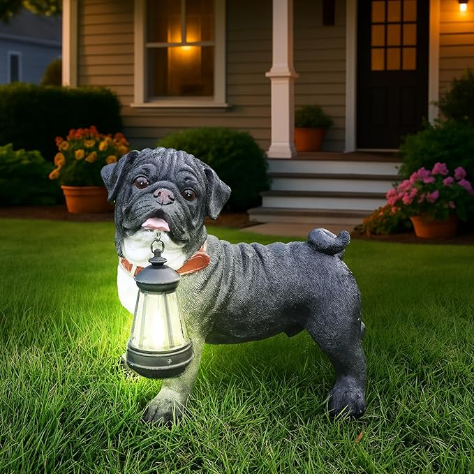 Black Pug Front-Door Greeter with Solar Lantern & Double-Sided Sign, Standing Pug Yard Statue for Planters, Walkways & Porch Seating