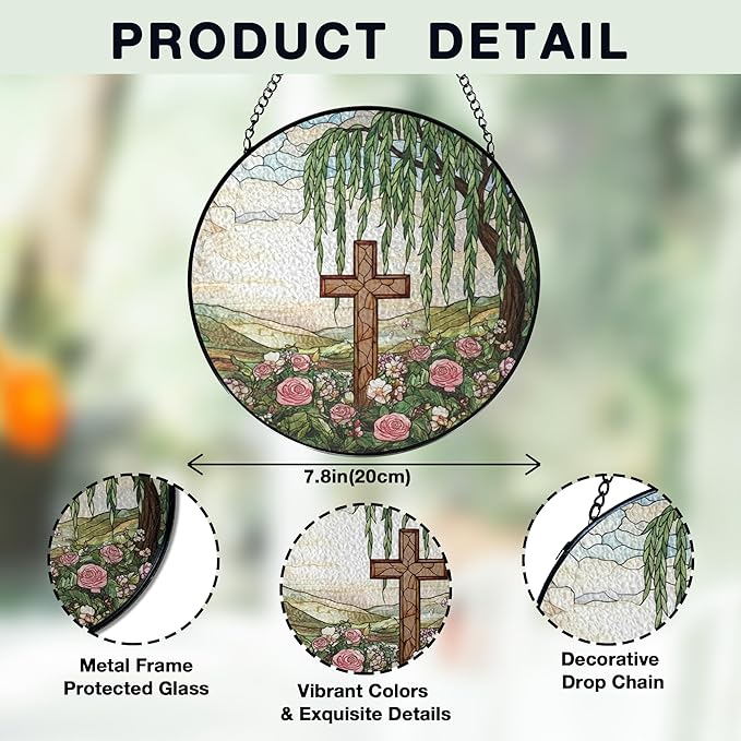 Stained Glass Cross Pink Roses Suncatcher Window Hanging, Easter Faith Christian Gifts Religious Home Decor, Weeping Willow Tree Wildflowers Stained Glass Decor for Friend, 7.9x7.9in