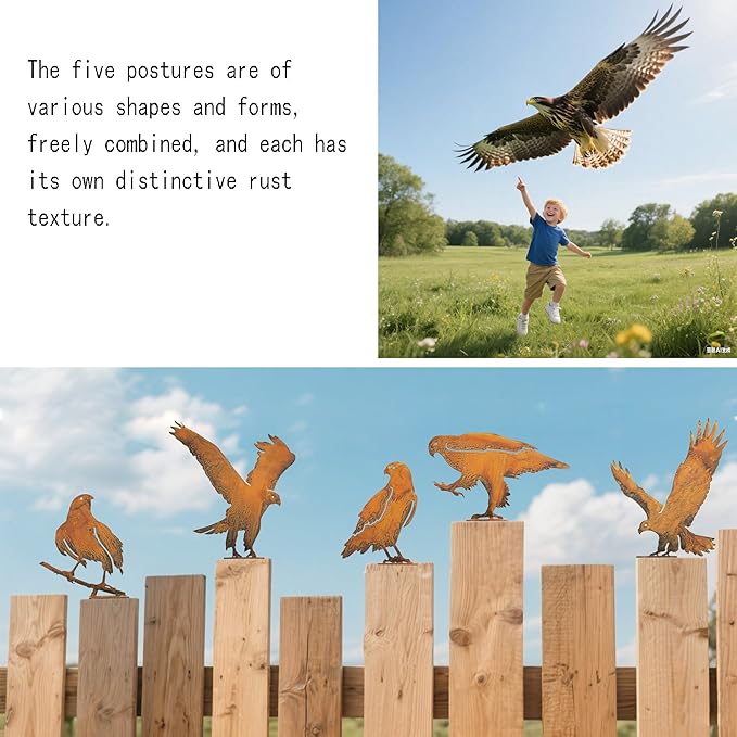 Rusty Birds Decoration (5-Piece Set) – Rusty Birds Fence Decorations Outdoor, Metal Eagle Garden Decor for Patio, Rustic Retro Style, Unique Outdoor Bird Decor,Premium Garden Decor Gifts