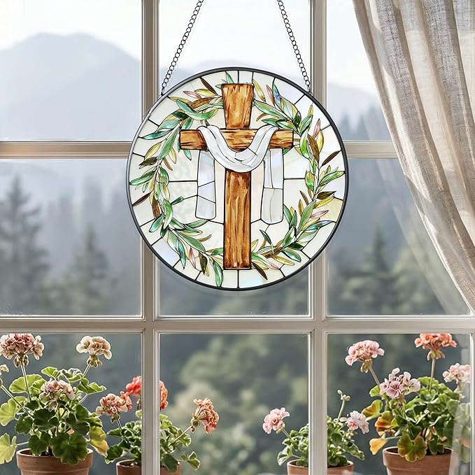 7.9 Inch Cross and Olive Leaves Stained Glass Suncatcher, Cross Sunset Suncatchers for Windows Hanging Indoor Decor, Stained Glass Gift, Christian Gifts, Religious Gifts, Window Decor