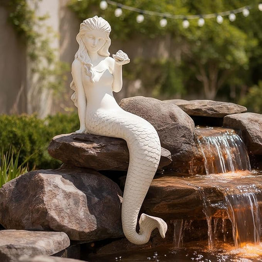 Mermaid Statue Outdoor, Large 25.6 Inch Garden Sculpture Figurines for Lawn and Patio Decor, Durable MGO Stone Yard Art with Weatherproof Finish for Indoor Decor Christmas Gift Antique White