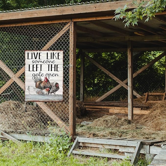 Funny Chicken Sign, Metal Chicken Coop Tin Signs, Live like someone left the gate open, Yard Sign Garage Farm Garden Wall Decor Sign Plaque Outdoor for Home Fence 8 X 12 Inches