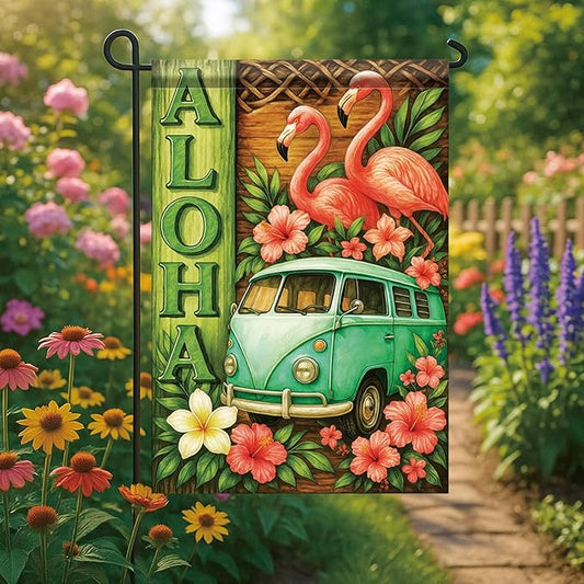 Summer Garden Flag 12x18 Inch Aloha Flamingo Vintage Van Tropical Hibiscus Floral Island Style Outdoor Yard Porch Lawn for Seasonal Coastal Boho Home Decor